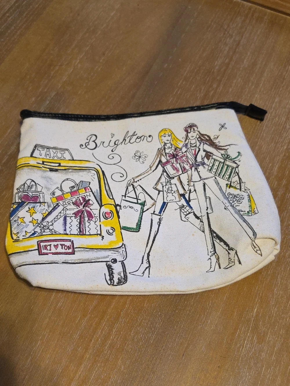 Brighton White Canvas Cosmetic Pouch with Illustrated Shopping Design
